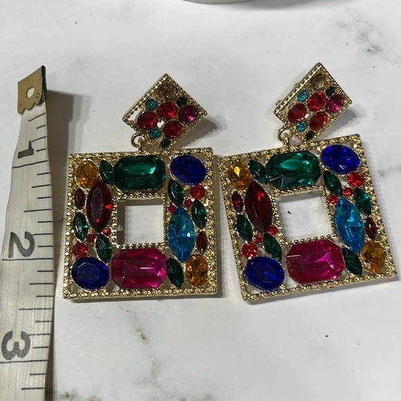 Zara Multi Colored Crystal Square Drop Clip On Earrings - Picture 10 of 12